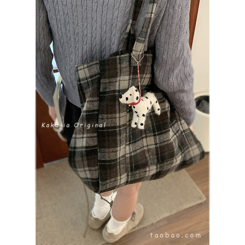毛呢格子大包包女秋季2024新款潮韩国托特包学院风休闲大容量包
