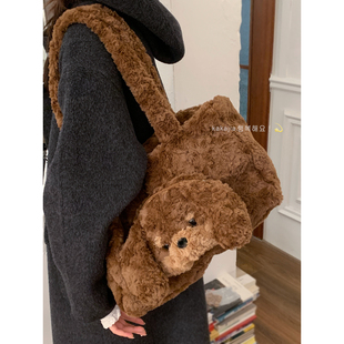 甜酷毛茸茸熊头包包女2025新款潮时尚可爱毛绒包卡通羊羔毛托特包