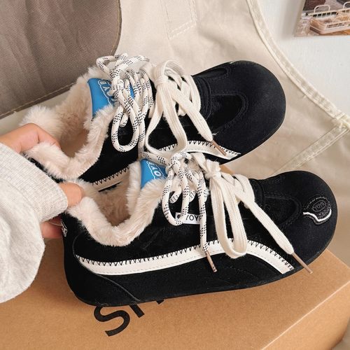 真皮～黑色加绒德训鞋女2025新款冬季保暖二棉鞋小众百搭休闲板鞋