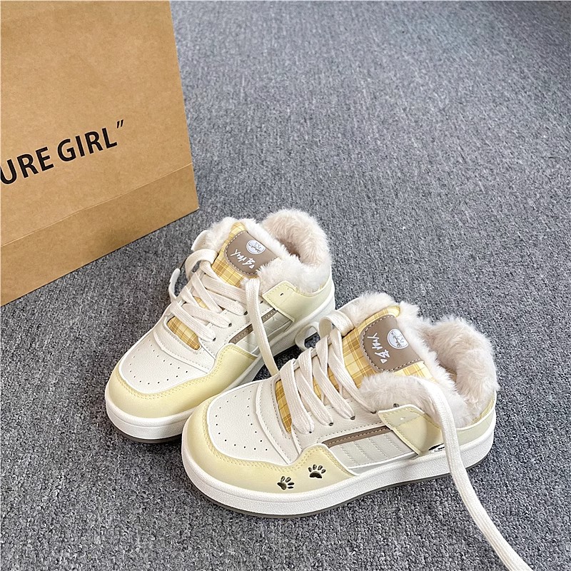 真皮~冬季保暖加绒厚底板鞋女款2025新款二棉鞋小众百搭面包鞋