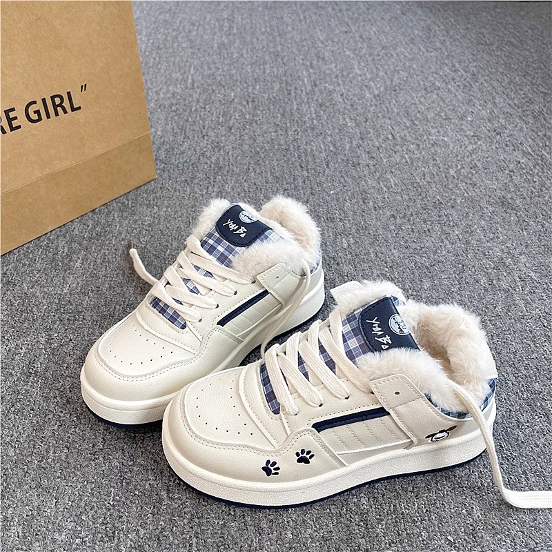 真皮~冬季厚底板鞋女款2025新款保暖加绒百搭小白鞋二棉面包鞋