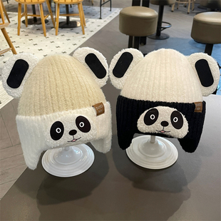 儿童帽子秋冬季男女童可爱卡通小熊猫毛线帽宝宝针织保暖护耳帽冬
