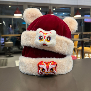 新年舞狮婴儿毛绒瓜皮帽子男女孩可爱超萌宝宝红色保暖加厚地主帽