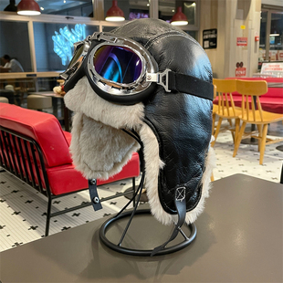 儿童冬季雷锋帽复古飞行员墨镜皮质亲子毛绒帽男女保暖护耳滑雪帽