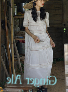 Ginger ale 纯真年代 蕾丝宽松拼接A字衬衫和连衣裙纯色花边棉质