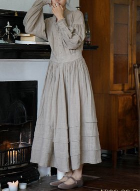Ginger ale 古朴风格枯木色织长袖套头高腰亚麻纽扣连衣长裙女