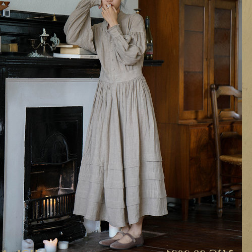 枯木色长袖高腰亚麻连衣长裙女