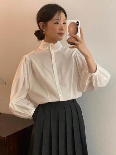 棉娃娃纯色衫泡泡袖长袖衬衫