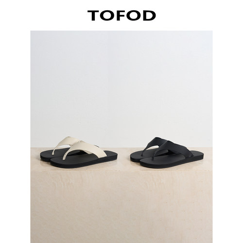 TOFOD 白+黑 胎牛皮/混种羊皮百搭平底度假凉鞋沙滩夹脚人字拖鞋