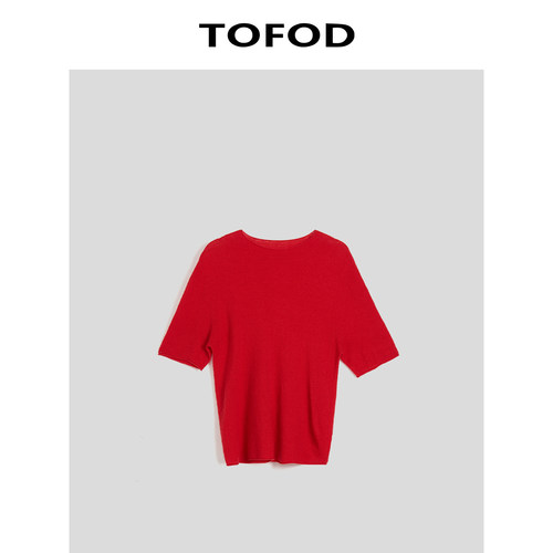 TOFOD 树皮纹针织 超弹零压岛精无缝桑蚕丝羊毛中袖上衣打底