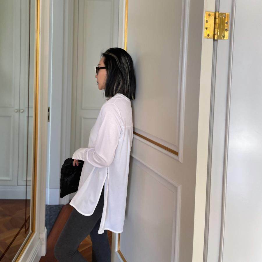 TOFOD yyds 真丝醋酸长袖T恤开叉 黑色白色长款遮屁股打底上衣