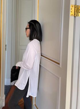 TOFOD yyds 真丝醋酸长袖T恤开叉 黑色白色长款遮屁股打底上衣