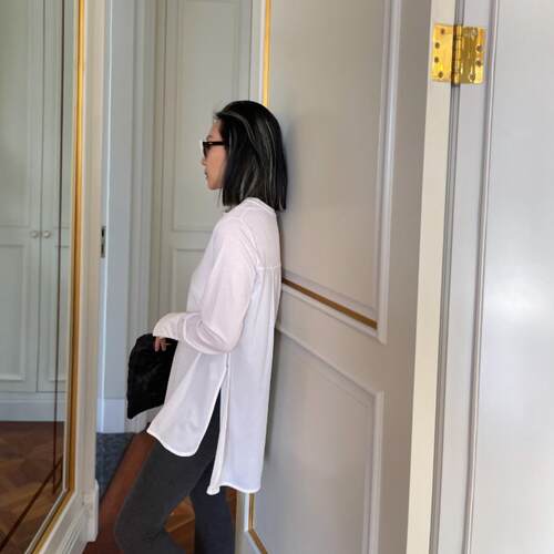TOFOD yyds 真丝醋酸长袖T恤开叉 黑色白色长款遮屁股打底上衣