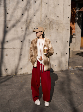 TOFOD 袋鼠裤 秋冬加绒运动裤可收口卫裤宽松直筒休闲裤新年红