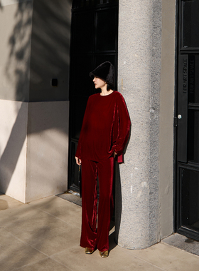 TOFOD 流动宝石 晚宴年会新年红色真丝丝绒上衣+休闲裤宽松套装