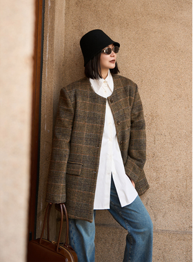 TOFOD old CE风格纹 老钱毛呢外套进口精纺全羊毛格子大衣开衫