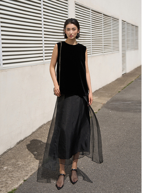 TOFOD 黑玫瑰 意大利奢尖 双层真丝欧根纱半身裙女双层黑色纱裙