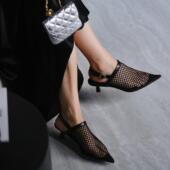 no退no换 高跟凉鞋 原899 进口胎牛皮编织网镂空透气尖头穆勒鞋