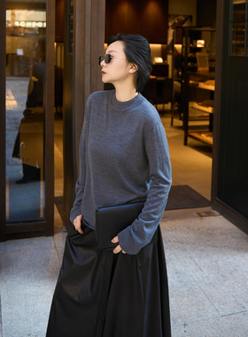 TOFOD 黑白灰 秋冬内搭Plus 精纺羊毛双层领针织打底衫宽松羊毛衫