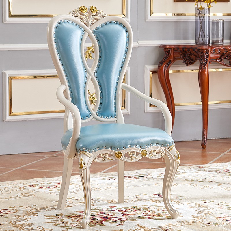 实木简约欧式轻奢餐椅白色软包餐桌椅美式家用咖啡椅休闲扶手椅子