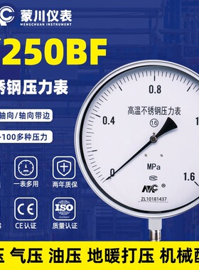 Y250BF不锈钢压力表耐高温水压油压液压锅炉压力表负压表0-1.6MPa