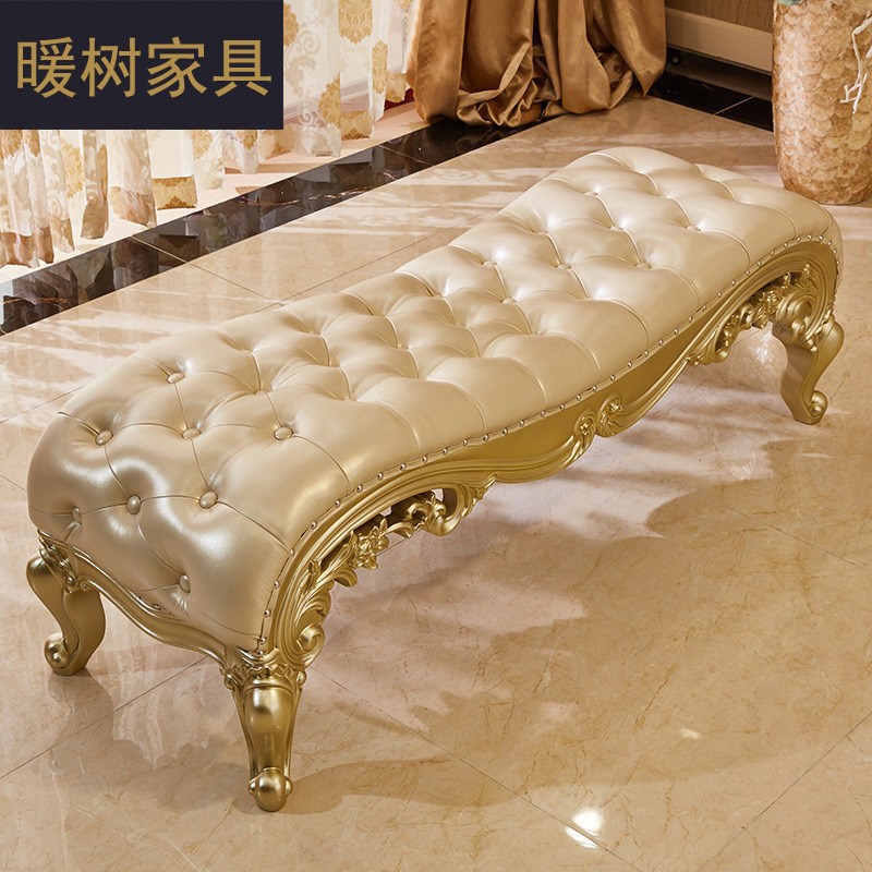 欧式床尾凳全实木雕刻卧室床前凳沙发凳换鞋凳真皮贵妃榻香槟金色