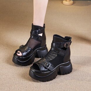 妖魅古罗马真皮内增高6CM凉靴女2026夏厚底牛皮网纱镂空厚底凉鞋