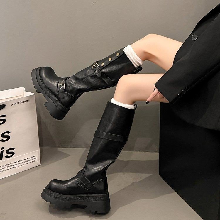 贾不假长筒靴女2025新款秋季棕色靴子美拉德厚底骑士靴高筒瘦瘦靴