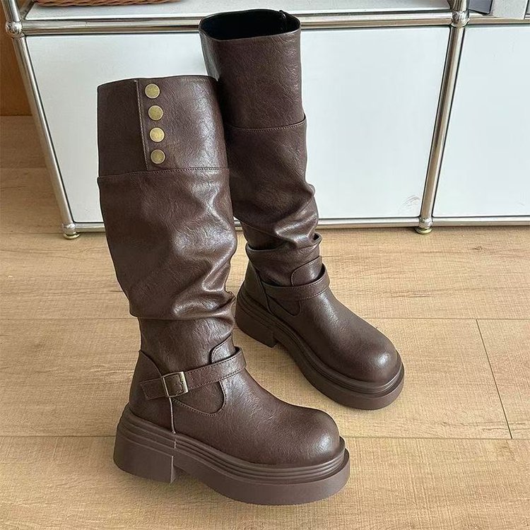 棕色复古英伦风粗跟厚底长筒靴女2025新款秋冬季显瘦长靴骑士靴子