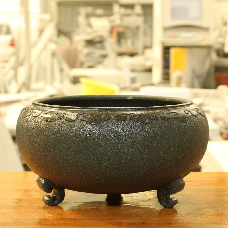 石头花盆圆形桌面绿植青石器室入花卉天然青石盆景花瓶石材小鱼缸