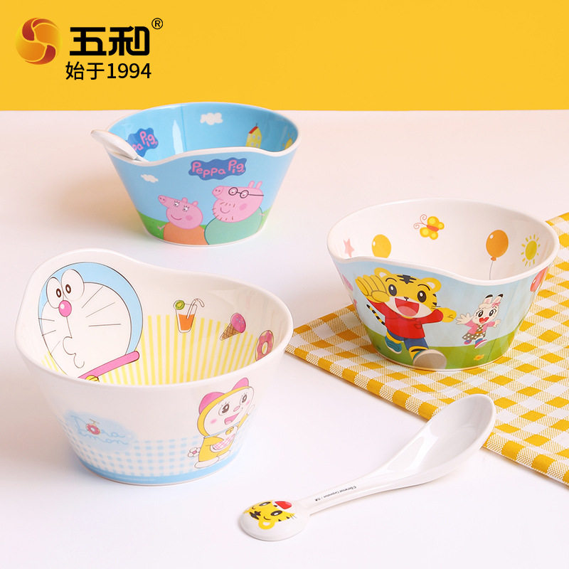 五和儿童碗卡通头像深碗食品级密胺防烫耐摔高颜值婴童辅食碗饭碗