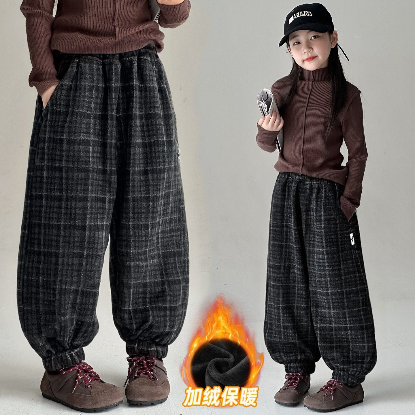 女童休闲裤卫裤加厚加绒裤子冬季儿童休闲奥利绒加厚保暖格子卫裤