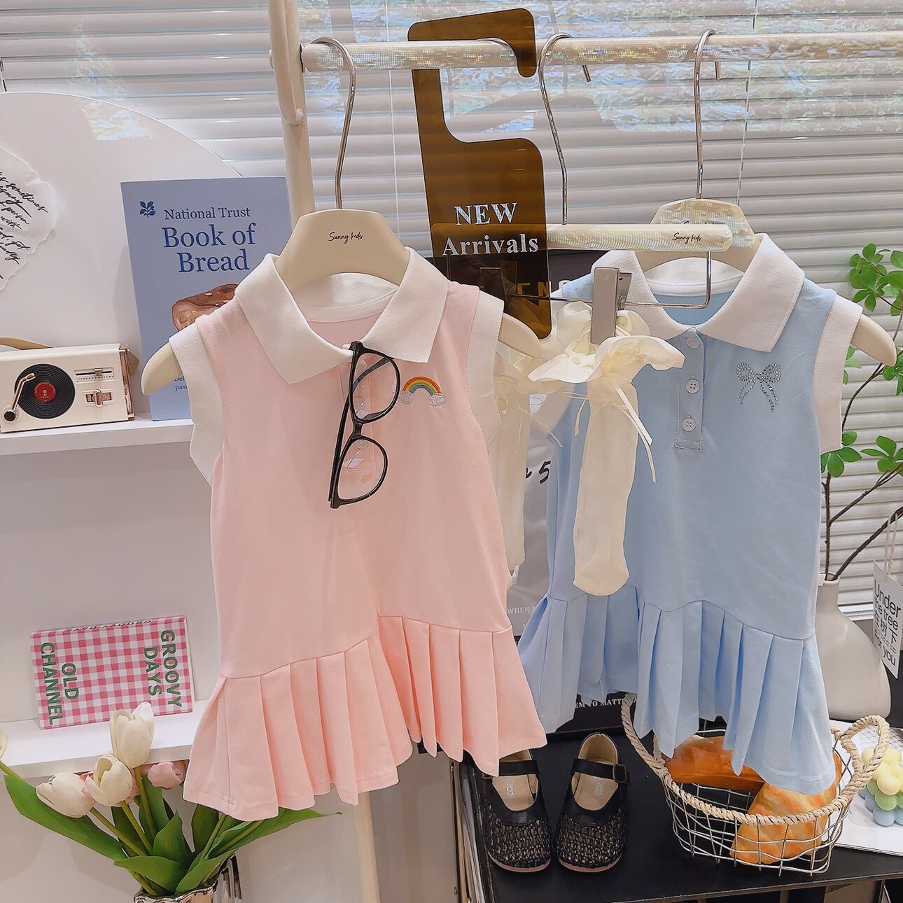 女童连衣裙翻领长裙女宝学院风背心裙休闲POLO领百褶公主连衣裙