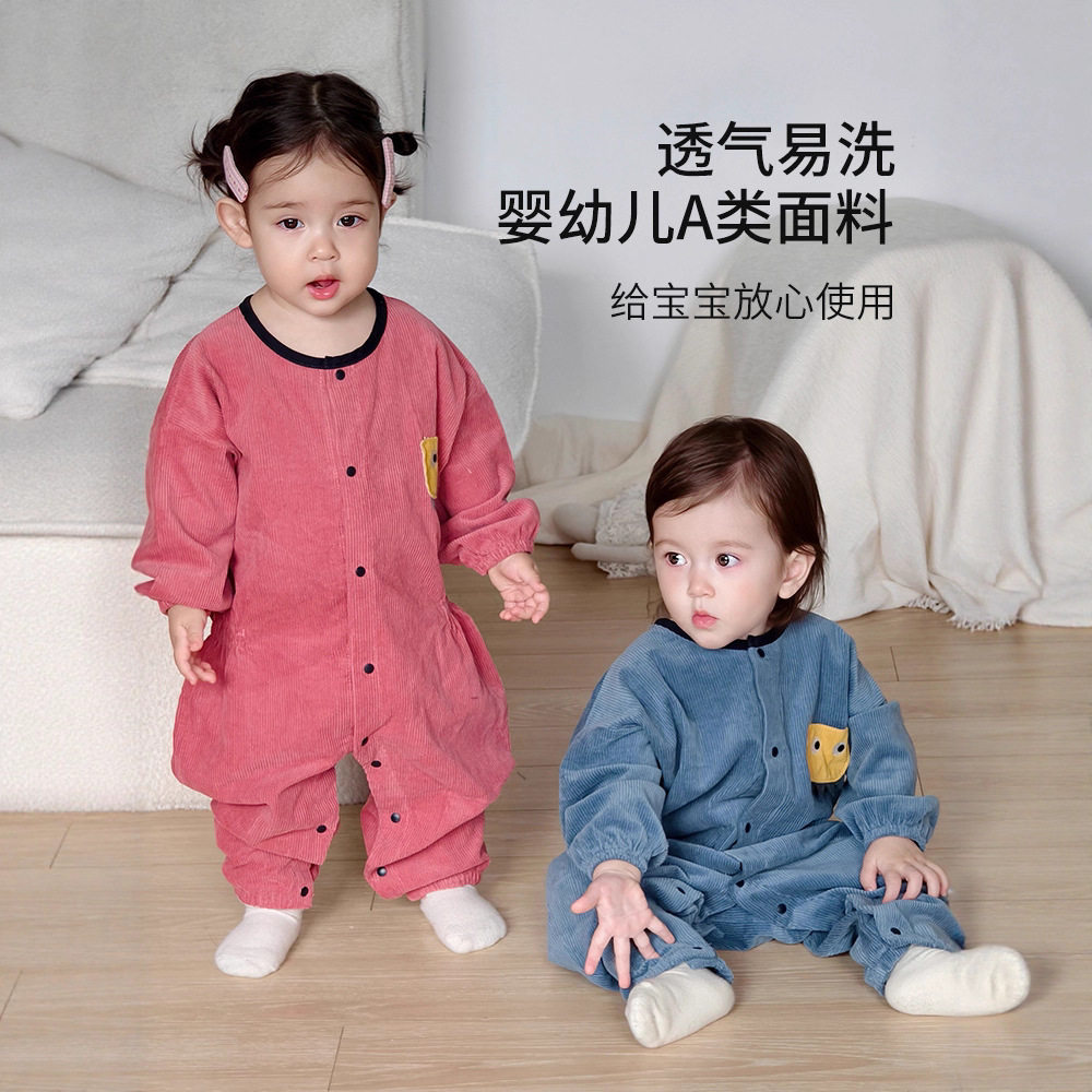 连体罩衣宝宝纯棉灯芯绒婴儿防脏男童爬爬服女童春秋冬户外服儿童