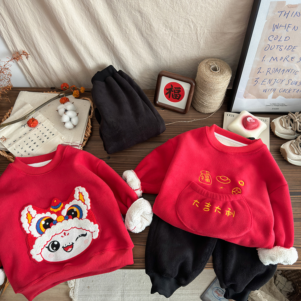 儿童卫衣套装超厚拜年服新年款冬季奥利绒加绒大吉大利保暖加厚