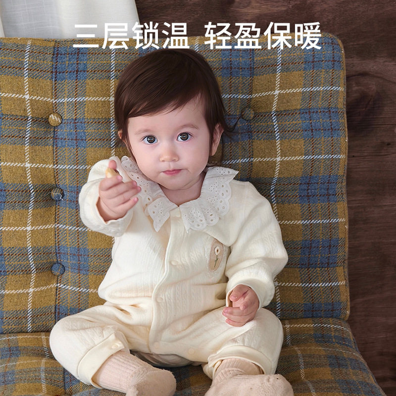 婴儿连体衣服新生儿打底睡衣无骨保暖衣空气层女宝宝四季长袖哈衣