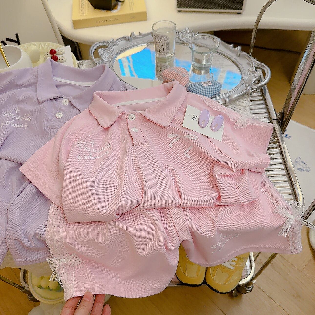 女童短袖T恤短裤套装薄款翻领蕾丝女童甜美夏季女宝卡通韩版洋气