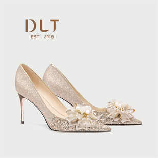 宴会礼服伴娘鞋 法式 金色水晶高跟鞋 女禾秀婚纱两穿新娘鞋 绝美婚鞋