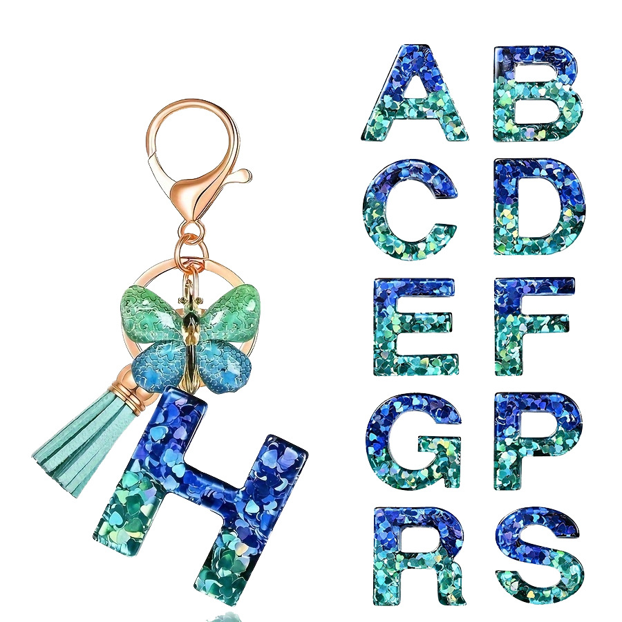 跨境蓝色系列26滴胶字母钥匙扣 度假爱心流苏配饰 渐变蝴蝶钥匙扣