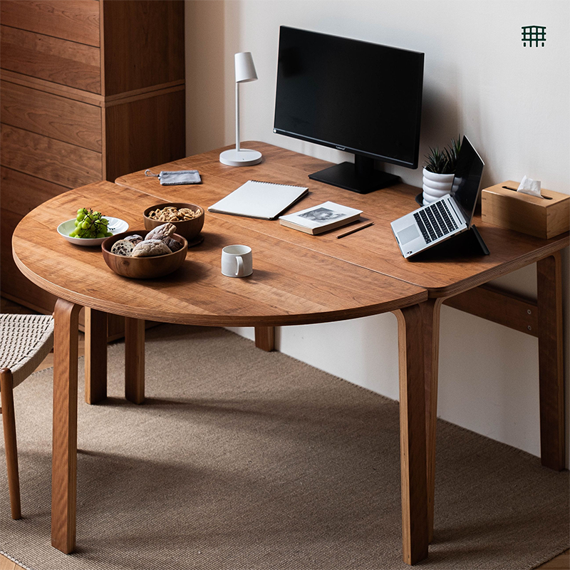 无即所有实木半圆桌家用小户型现代简约轻奢北欧中古风组合书桌