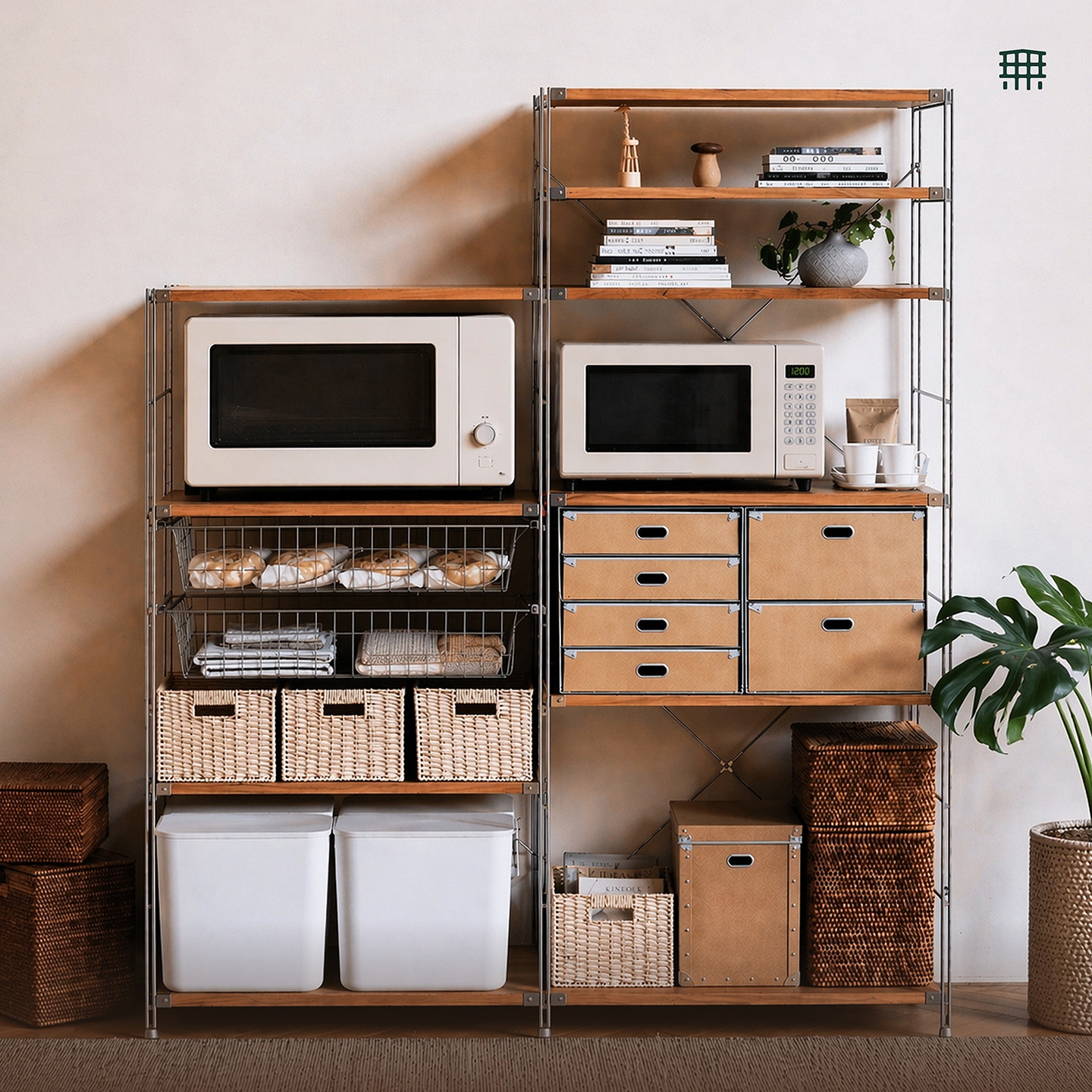 无即所有日式不锈钢实木置物架落地多层书架厨房微波炉收纳储物架