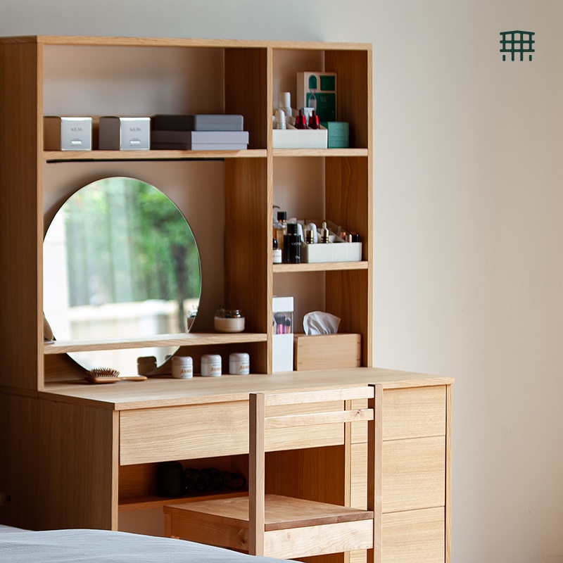 无即所有日式实木梳妆台小户型卧室极简书桌收纳柜镜子一体化妆桌