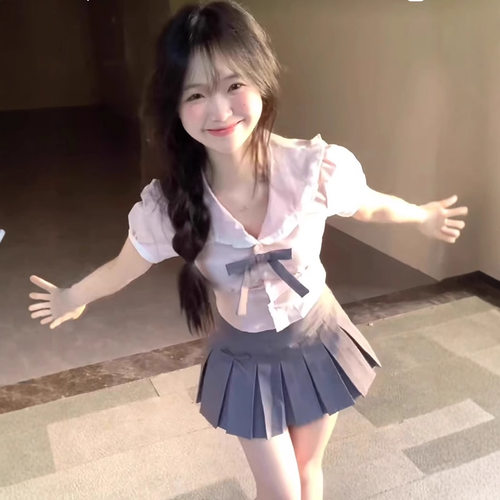 学院风甜辣妹粉色套装女夏季jk制服小个子韩系衬衫百褶裙子两件套