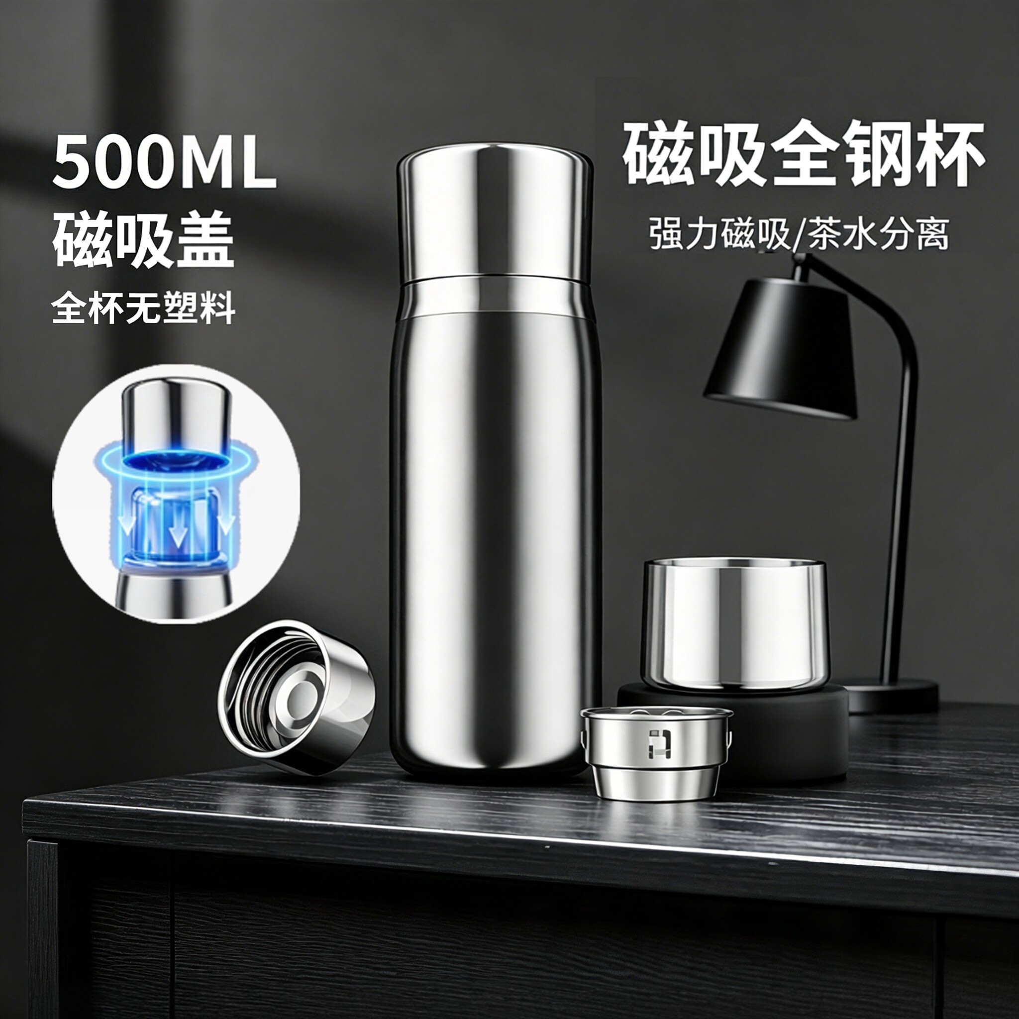2026新款磁吸全钢杯316保温杯大容量男女茶水分离车载便携泡茶杯