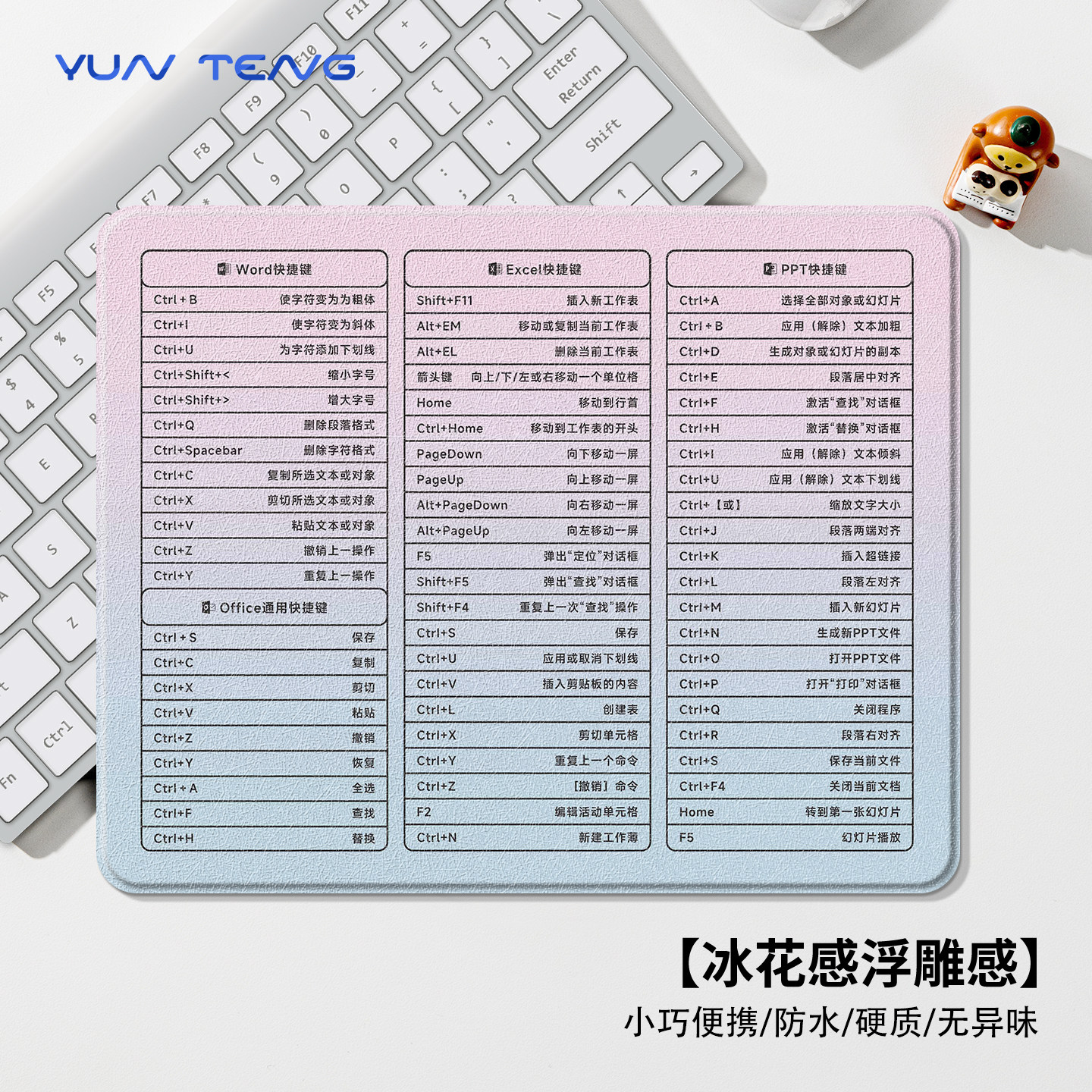 粉蓝渐变色鼠标垫硬质快捷键大全Word Excel PPT电脑办公桌垫防滑
