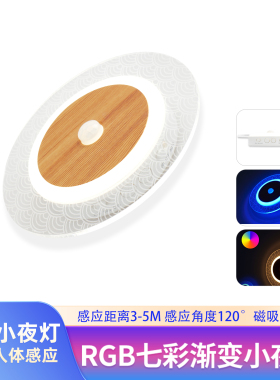 智能超薄圆形人体感应灯渐变七彩LED灯USB充电磁吸氛围起夜小夜灯