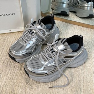银色老爹鞋女款2025春新款休闲鞋紫色厚底百搭运动鞋轻便透气女鞋
