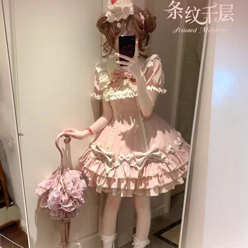 条纹千层现货Lolita心动玩偶洋装黑粉甜lo蛋糕裙Lolita古早doll感