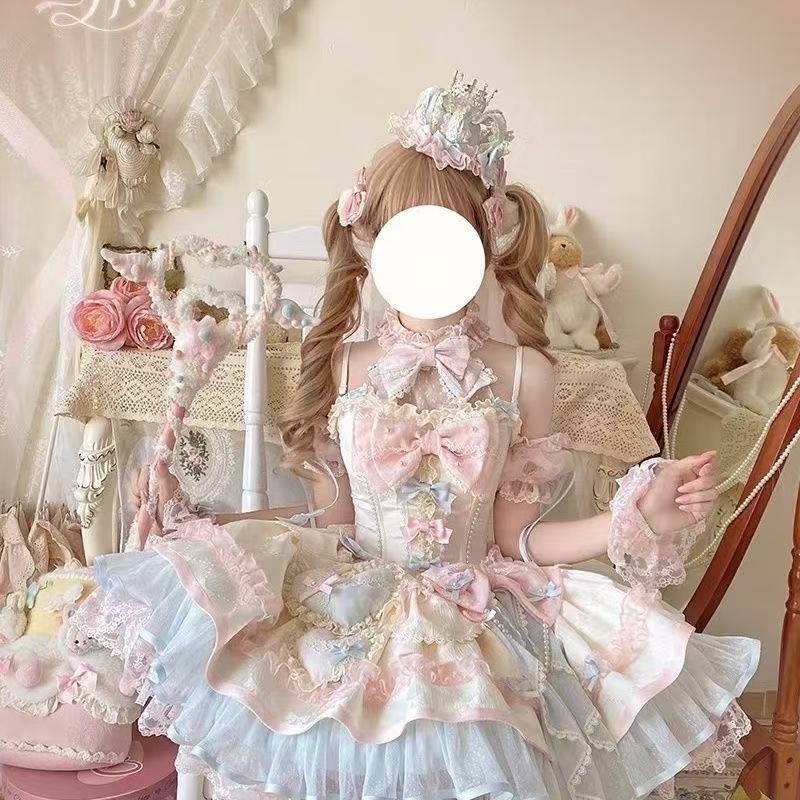 原创少女糖果色芭蕾风小花嫁甜系Lolita甜心马卡龙