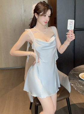 吊带睡裙女款夏季2025新款流光蓝缎面纯欲风冰丝高级感带胸垫睡衣